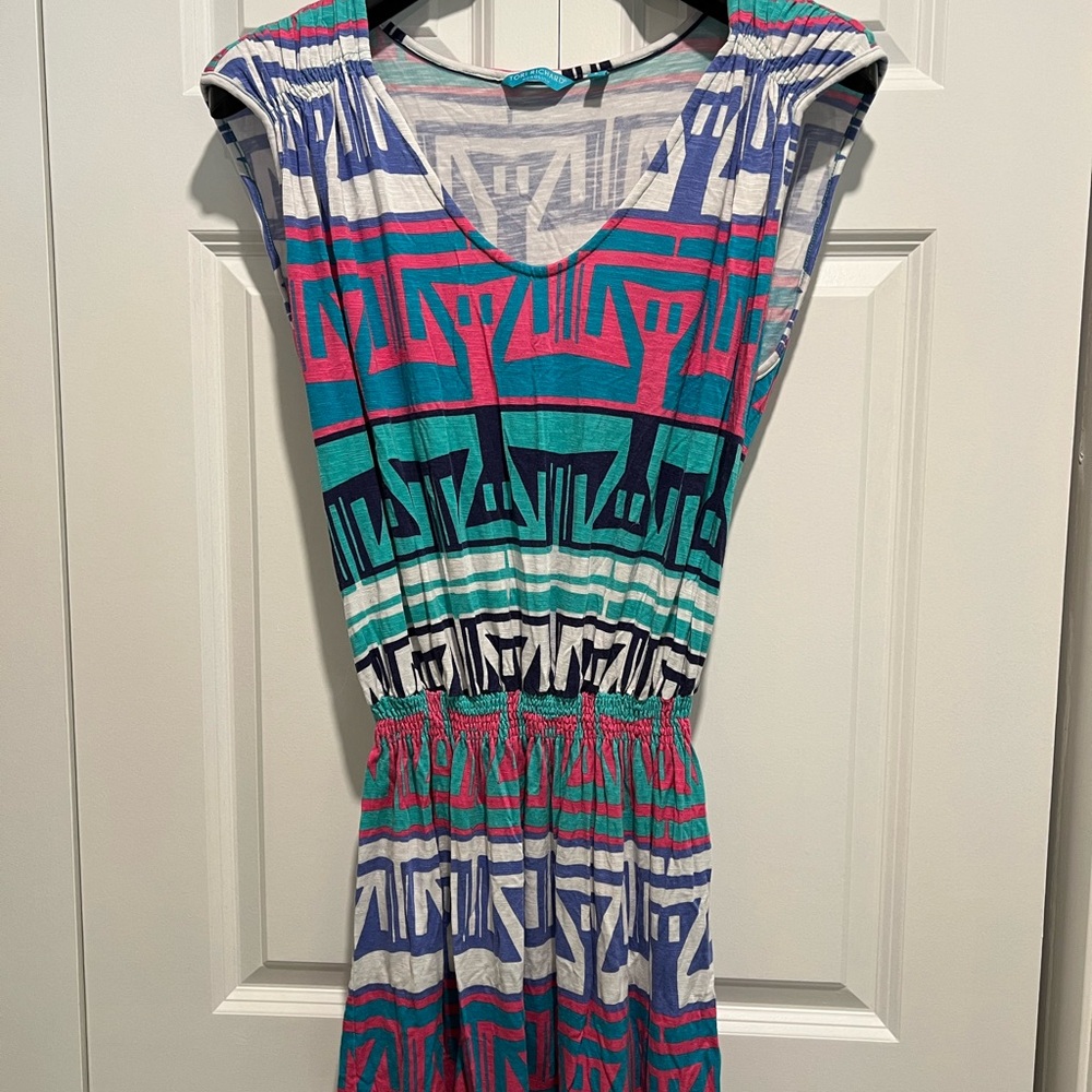 Tori Richard Sleeveless Geometric Dress in Teal, Pink & Navy
